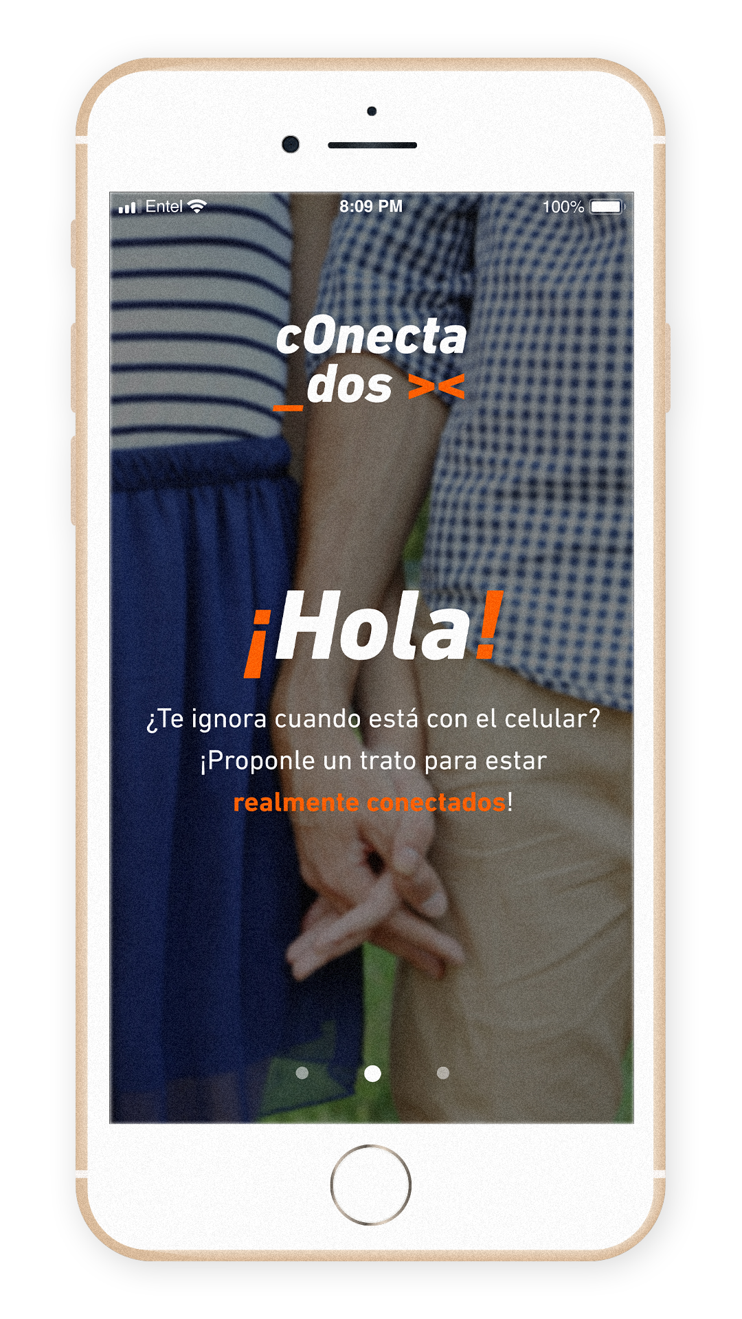 Conectados - Start 2 Phone mockup with the start screen.
